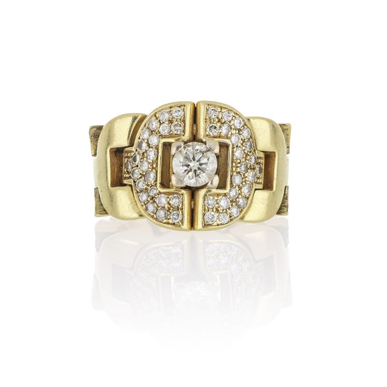Anello in oro giallo con gambo a maglia, (1 of 2)