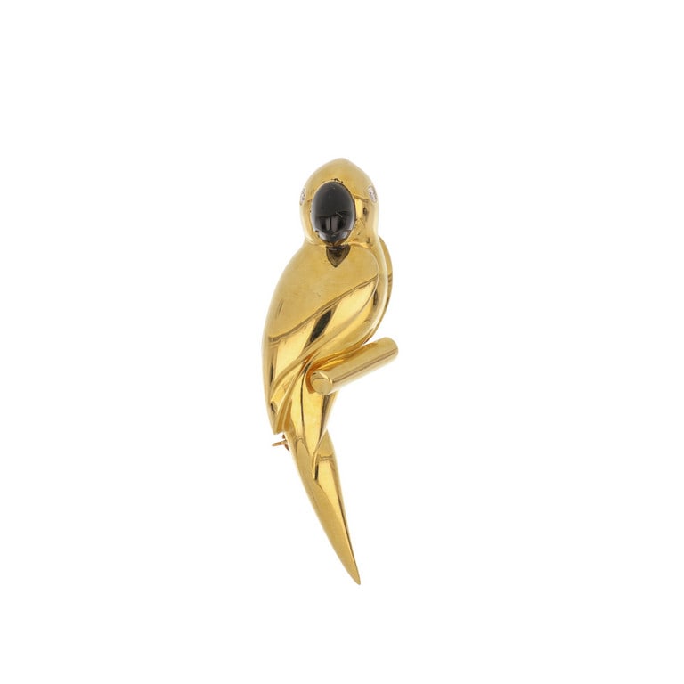 Spilla in oro giallo e onice, elegante pappagallo (1 of 1)