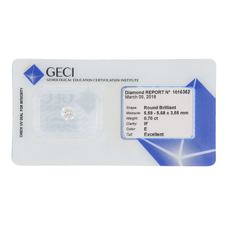 DIAMANTE naturale di 0,70 ct Colore:: DIAMANTE naturale di 0,70 ct Colore: E Purezza: IF Fluorescenza: None Taglio 3 EX Report: GECI