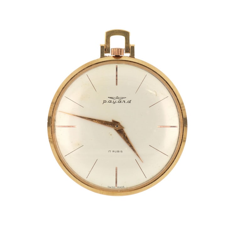 PAYARD Orologio da tasca ultrapiatto in oro, solo: PAYARD Orologio da tasca ultrapiatto in oro, solo tempo, sfere douphine, indici a bastone, vetro plastica. Marciante. Peso 28,41 g.