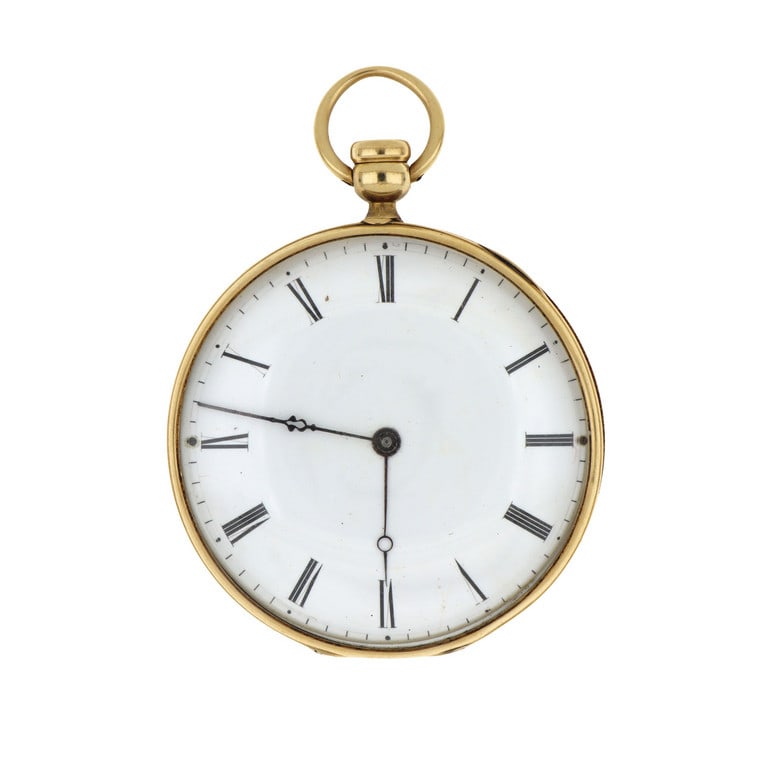 PATEK & Cie. Orologio da tasca in oro con: PATEK & Cie. Orologio da tasca in oro con fondello inciso, solo tempo, quadrante in porcellana, indici romani, vetro non fissato, al momento non marciante. Diametro 49 mm. Peso 52,70 g.