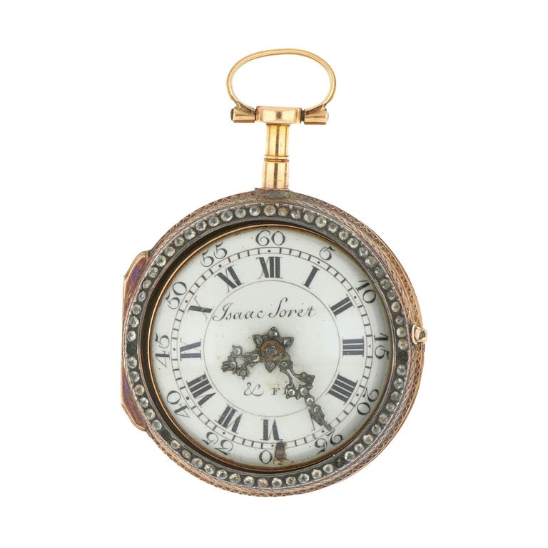 ISAAC SORET & FILS Orologio da tasca d'epoca: ISAAC SORET & FILS Orologio da tasca d'epoca della fine del XVIII Secolo, quadrante bianco in porcellana, cassa porta movimento con difetti, miniatura di damina impreziosita da diamanti di taglio a ro