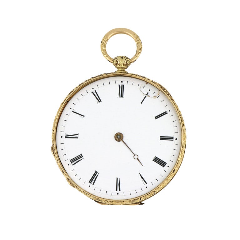 VACHERON & C.ie a GENEVE. Orologio da tasca in: VACHERON & C.ie a GENEVE. Orologio da tasca in oro con fine incisione sul retro cassa. Vetro e sfera dei minuti mancanti. Non funzionante Diametro 40 mm. Peso 38,10 g.