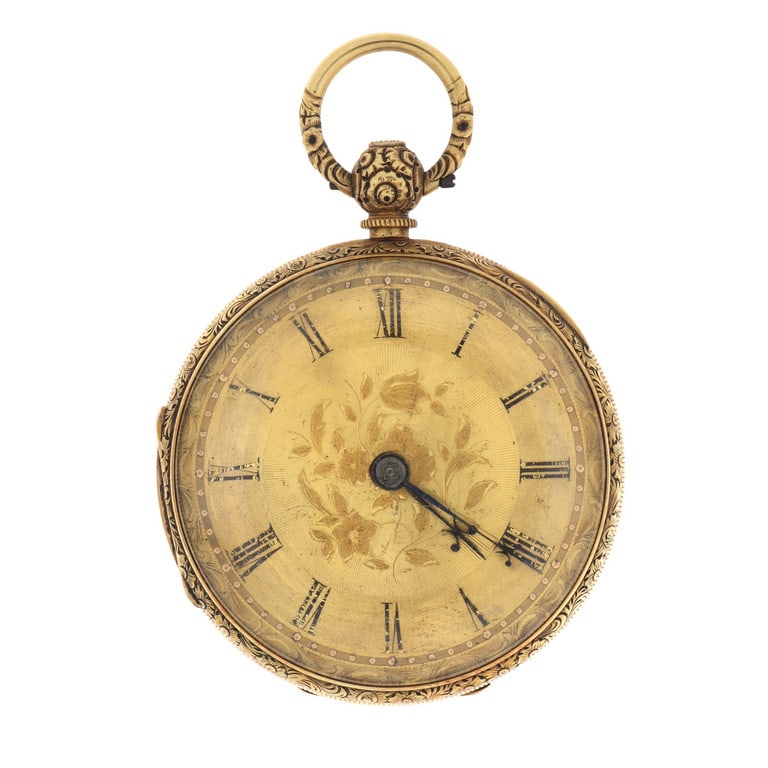 J.W. BENSON Ludgate Hill Orologio da tasca in oro: J.W. BENSON Ludgate Hill Orologio da tasca in oro giallo con fondo cassa inciso, indici romani, solo tempo. Quadrante dorato inciso. Funzionante. Diametro 38 mm. Peso 50.55 g.