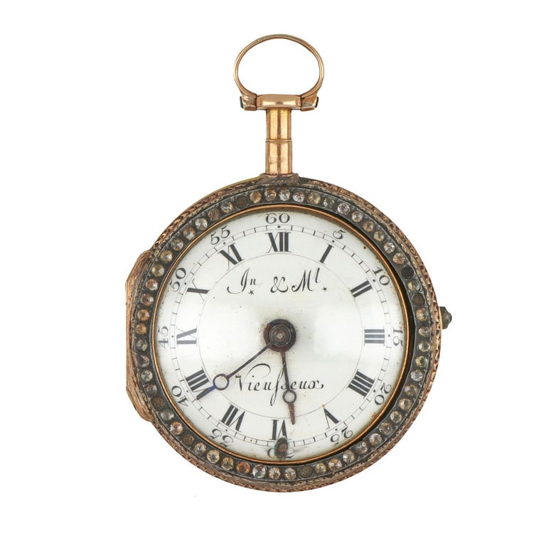 JEAN et MICHEL VIEUSSEUX Orologio da tasca: JEAN et MICHEL VIEUSSEUX Orologio da tasca d'epoca del XVIII secolo con cassa porta movimento con miniatura smaltata (con difetti). Indici romani e arabi, chemin de fer. Non funzionante. Diametro 37 m