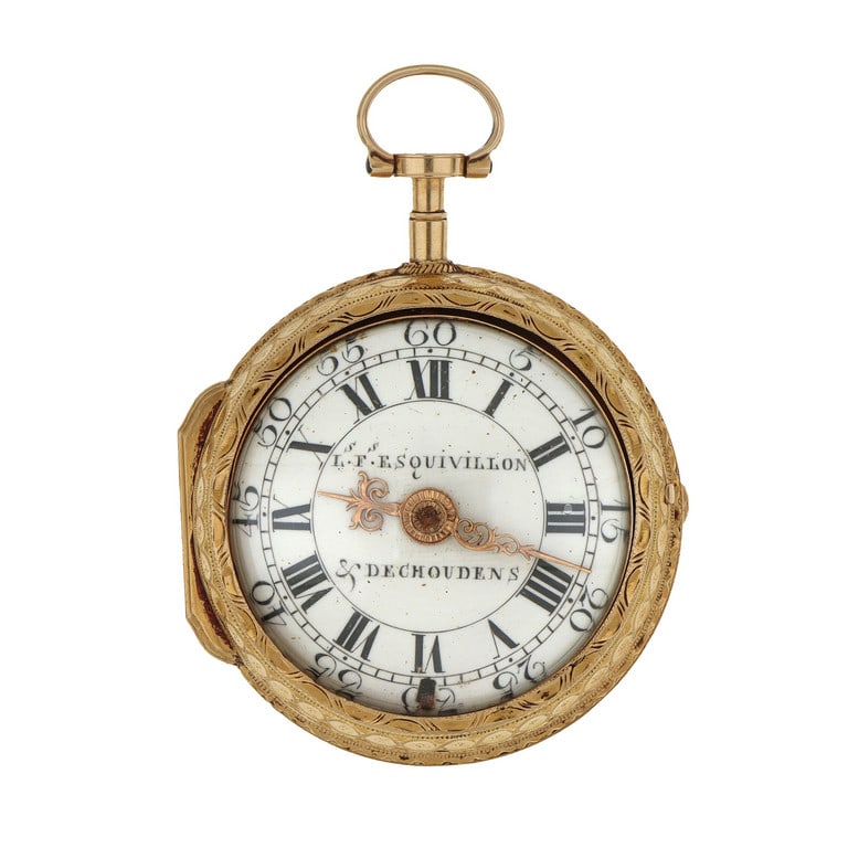 L.F. ESQUIVILLON & DECHOUDENS Orologio da tasca: L.F. ESQUIVILLON & DECHOUDENS Orologio da tasca d'epoca del XVIII secolo con cassa porta movimento con miniatura smaltata (con difetti). Indici romani e arabi, chemin de fer. Non funzionante. Diametro