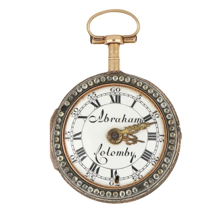 ABRAHAM COLOMBY Orologio da tasca del XVIII: ABRAHAM COLOMBY Orologio da tasca del XVIII secolo Bellissima miniatura settecentesca, impreziosita da diamanti rose cut e smalti. controcassa e cassa interna in oro e inserti in argento. Vetro mancan