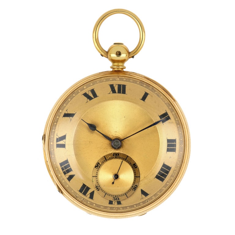ANONIMO Orologio da tasca in oro rosso, con: ANONIMO Orologio da tasca in oro rosso, con bellissimo quadrante oro con contrasto soleil, sfere leaf, indici romani con grafica bold, piccoli secondi alle 6. Funzionante. Diametro 51 mm. Peso 118,0 g