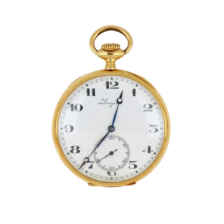 LONGINES Orologio da tasca in oro giallo, solo: LONGINES Orologio da tasca in oro giallo, solo tempo con piccoli secondi a ore 6, sfere breguet, indici arabi bold. Minuteria chemin de fer, carica a corona alle 12. Funzionante Diametro 46 mm. Peso 6