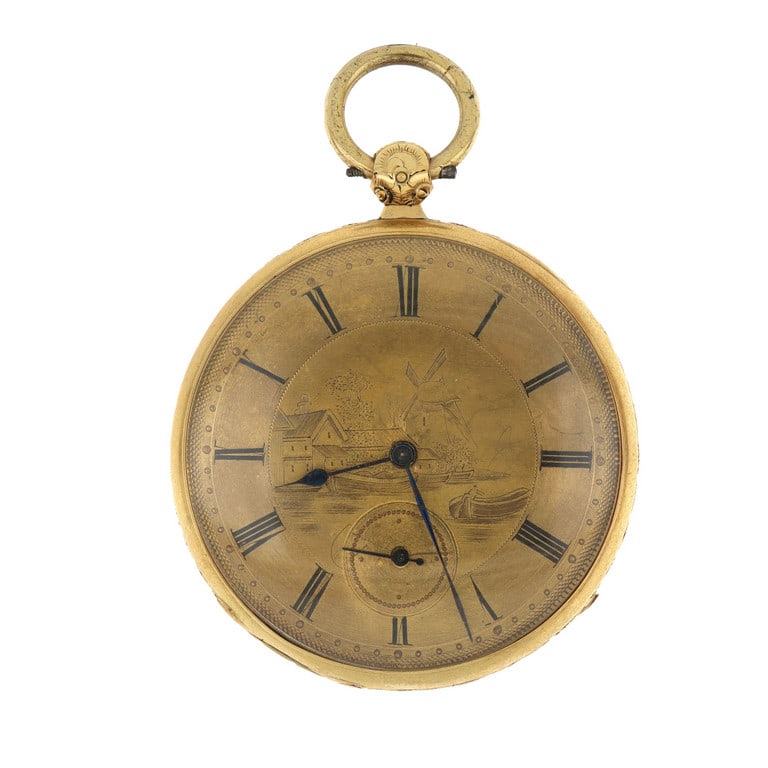 A. & FD. GROSHLAUDE Orologio da tasca in oro: A. & FD. GROSHLAUDE Orologio da tasca in oro giallo con quadrante oro con incisione di paesaggio nordico con mulino.indici romani, funzionante, ma necessita di revisione. Diametro 50 mm. Peso 78.77 g.