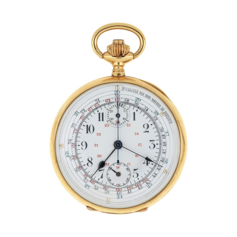 ANONIMO Orologio da tasca con funzione: ANONIMO Orologio da tasca con funzione cronografica ad azionamento a pulsante sulla corona di carica, quadrante con scala tachimetrica, piccoli secondi alle 6, quadrante dei 30 minuti alle 12. Sfere l
