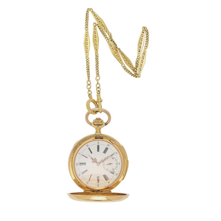 REMONTOIR MICHEL - Orologio da tasca in oro rosa: REMONTOIR MICHEL - Orologio da tasca in oro rosa con catena da panciotto in oro giallo. La cassa pesante a 3 chiusure, la suoneria ore, quarti e minuti, il finissimo movimento osservabile sotto il vet