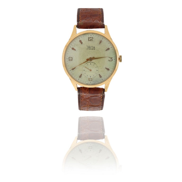 VETTA - Orologio da uomo in oro rosa, senza: VETTA - Orologio da uomo in oro rosa, senza fibbia originale, quadrante a tessuto, indici a cuneo e numeri arabi, movimento meccanico a carica manuale, piccoli secondi a ore 6. Diametro 36 mm, si cons