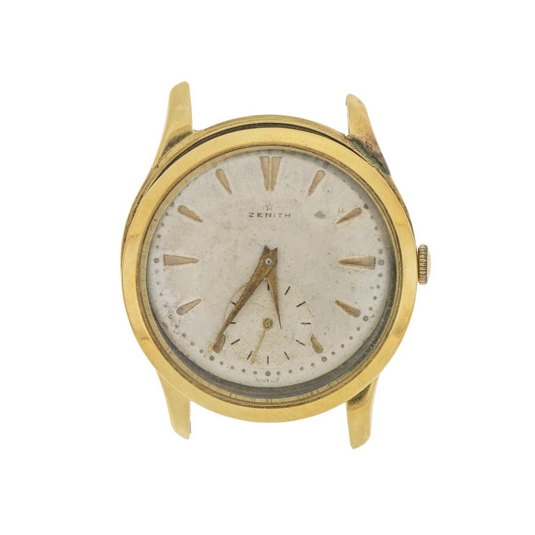 ZENITH - Orologio da polso in oro giallo, animato: ZENITH - Orologio da polso in oro giallo, animato da movimento meccanico a carica manuale, quadrante con indici a cuneo, piccoli secondi a ore 6. Funzionante ma necessaria una revisione, diversi probl