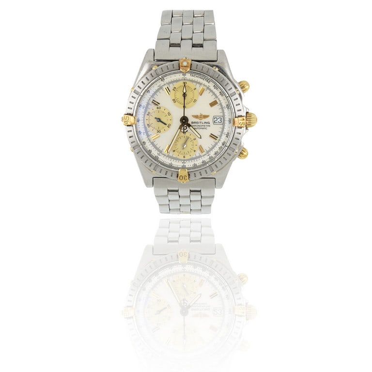 BREITLING Orologio da polso in acciaio con: BREITLING Orologio da polso in acciaio con movimento meccanico a carica automatica cronografo con funzione cronometrica e di piccola data. Referenza B13352. Scatola, controscatola, documenti e garanzi