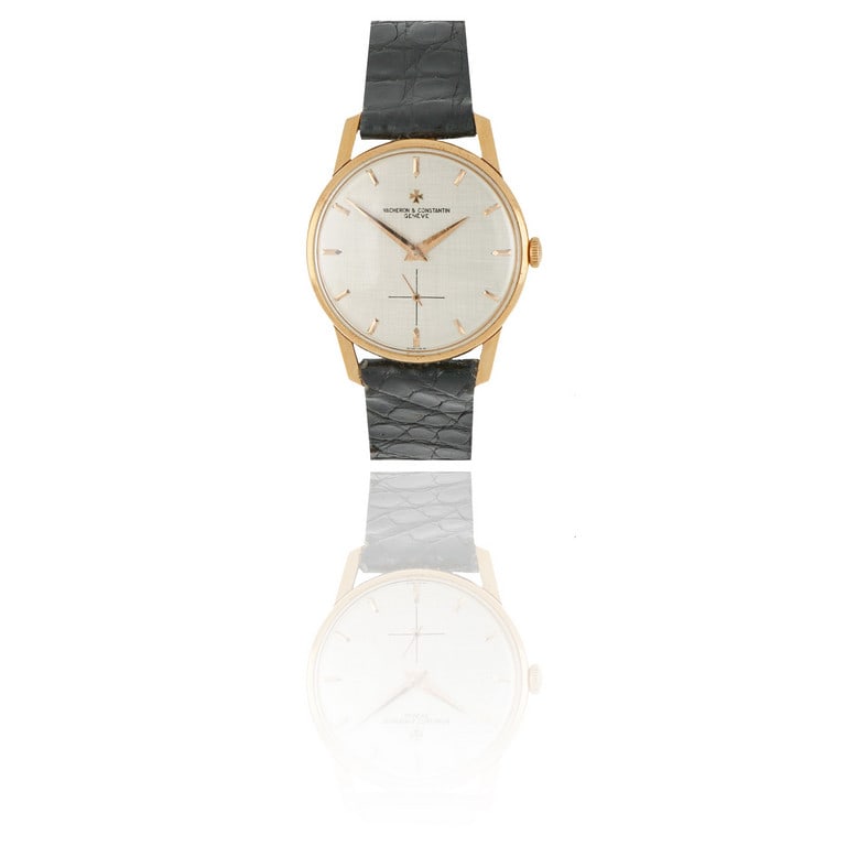 VACHERON & CONSTANTIN Orologio in oro giallo con: VACHERON & CONSTANTIN Orologio in oro giallo con movimento meccanico a carica manuale, solo tempo con piccoli secondi ad ore 6, indici a bastoni, sfere douphin, cassa 35 mm, quadrante argenté