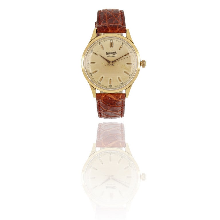 EBERHARD - Orologio da uomo in oro rosa con: EBERHARD - Orologio da uomo in oro rosa con cinturino in pelle e fibbia non originale, animato dal pregevole movimento a carica automatica "Bumper" o a martello, quadrante crema, indici a bastone in