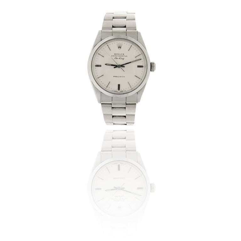 ROLEX - Orologio da uomo in acciaio con: ROLEX - Orologio da uomo in acciaio con bracciale, modello "Air King", ref. 5500, qui declinato con quadrante argentè, indici a barretta e secondi al centro, animato da movimento meccanico a