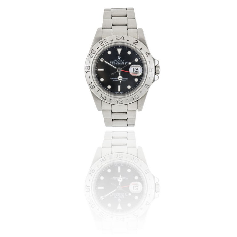 ROLEX - Orologio professionale in acciaio con: ROLEX - Orologio professionale in acciaio con bracciale originale, modello "Explorer II", quadrante nero, doppia indicazione dell'ora grazie alla seconda lancetta delle 24h, indicazione della data
