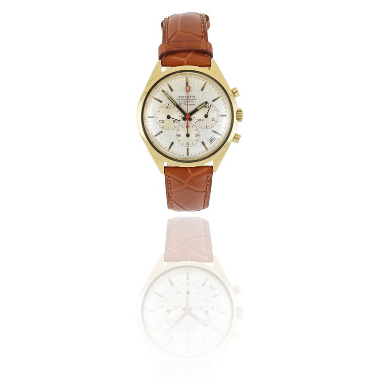 ZENITH - Rarissimo orologio da uomo in oro: ZENITH - Rarissimo orologio da uomo in oro giallo, primo cronografo con movimento meccanico a carica automatica del 1969, prodotto in soli 350 esemplari, animato dal calibro di manifattura 3019PHC,