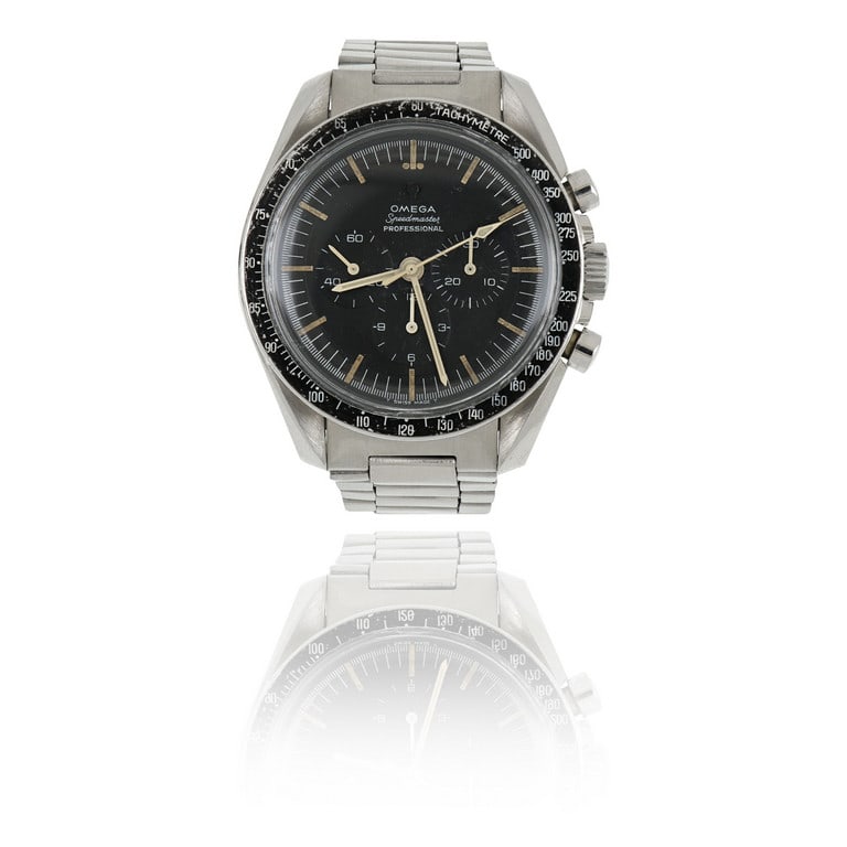 OMEGA, raro e fascinoso orologio da uomo in: OMEGA, raro e fascinoso orologio da uomo in acciaio, iconico modello speedmaster moonwatch, qui nella versione originale degli anni '60, equipaggiato col noto calibro 321, quadrante su due livelli
