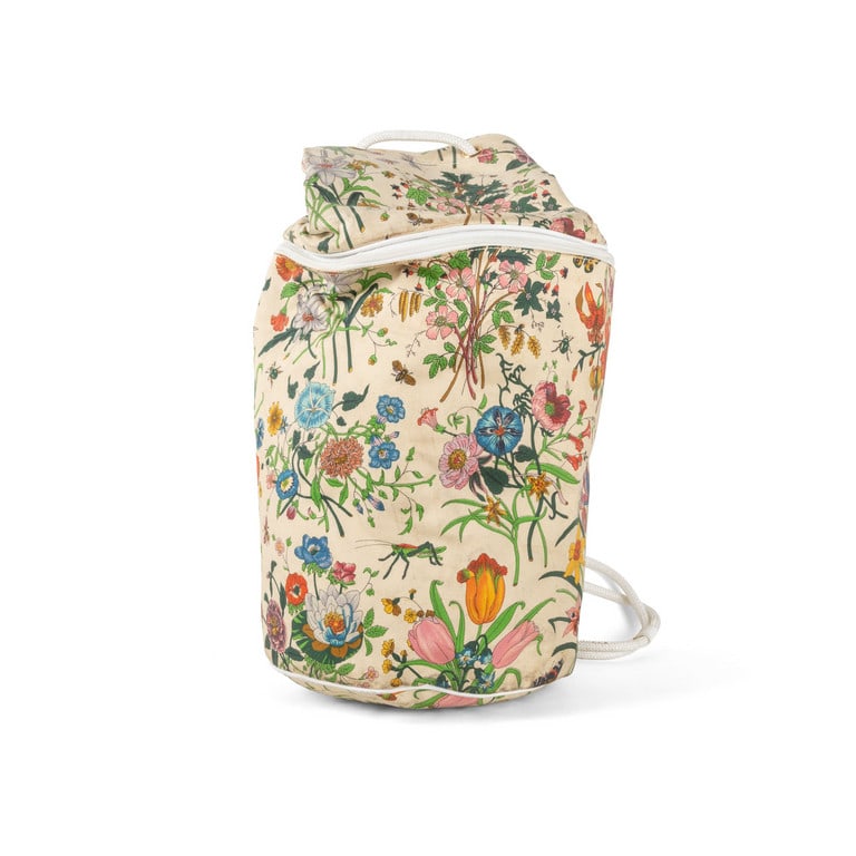 GUCCI - Zaino vintage in canvas floreale e pelle.: GUCCI - Zaino vintage in canvas floreale e pelle. Realizzato in resistente canvas decorato con iconica stampa floreale multicolore su fondo chiaro. Il modello unisce funzionalità e forte