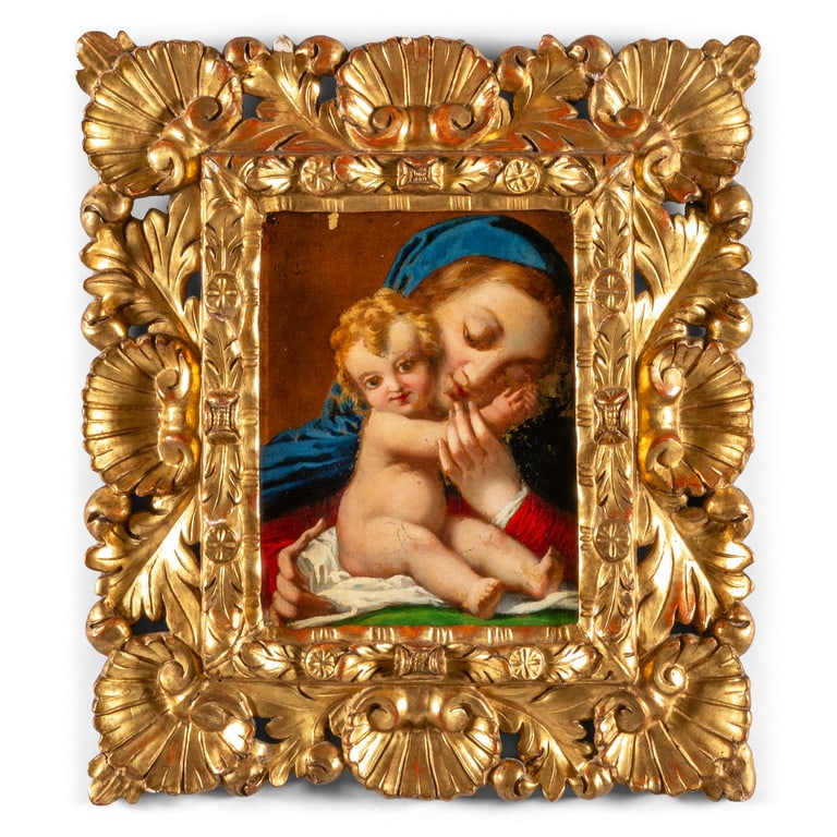 Scuola emiliana sec.XVII "Madonna con Bambino": Scuola emiliana sec.XVII "Madonna con Bambino" olio, bella cornice coeva in legno intagliato e dorato cm. 19x24