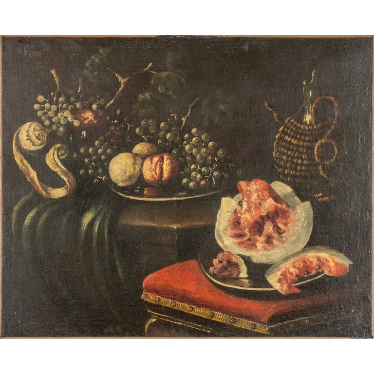 Scuola lombarda sec.XVII "Natura morta con: Scuola lombarda sec.XVII "Natura morta con anguria sopra uno sgabello" olio cm. 100x80