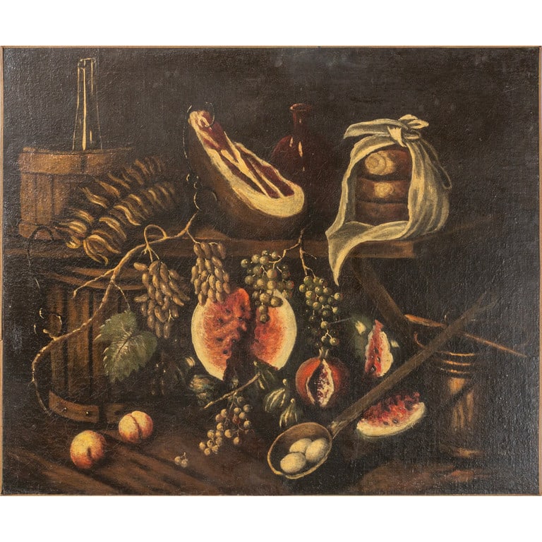 Scuola lombarda sec.XVII "Natura morta con: Scuola lombarda sec.XVII "Natura morta con anguria, prosciutto e uova" olio cm. 120x100