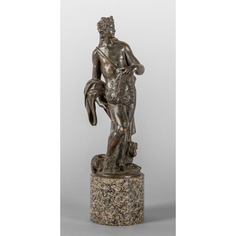 Apollo, scultura in bronzo a patina scura, base: Apollo, scultura in bronzo a patina scura, base in marmo, sec.XVI scultura h.cm.26, h.tot.cm.33