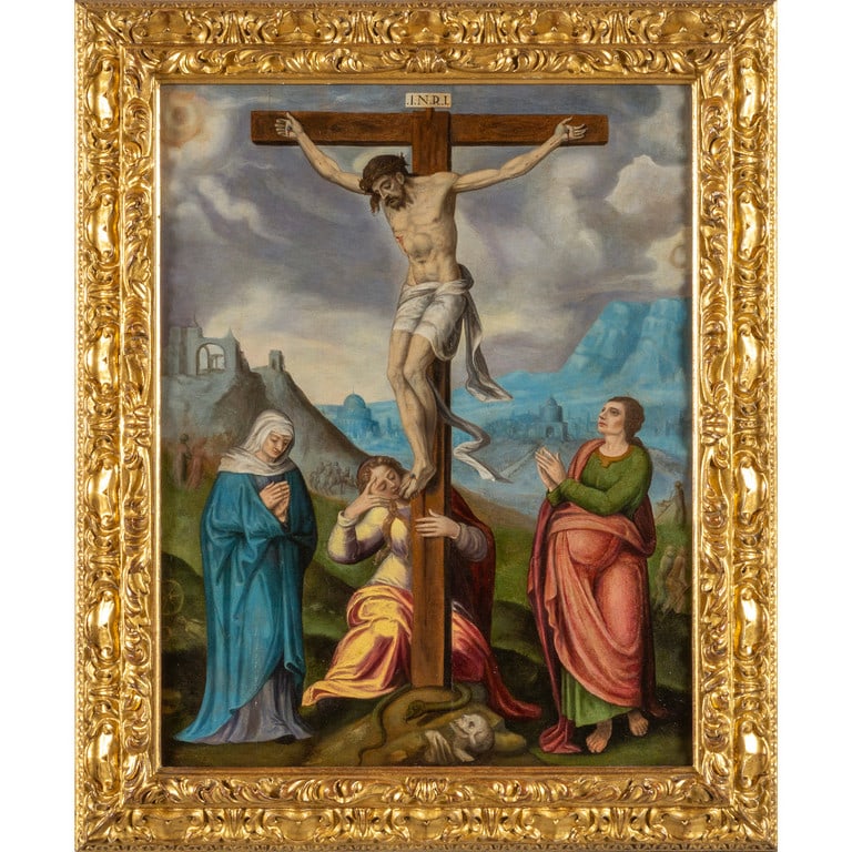 Scuola italiana sec.XVI "Cristo Crocefisso con le: Scuola italiana sec.XVI "Cristo Crocefisso con le Pie donne" olio su tavola cm. 55x76