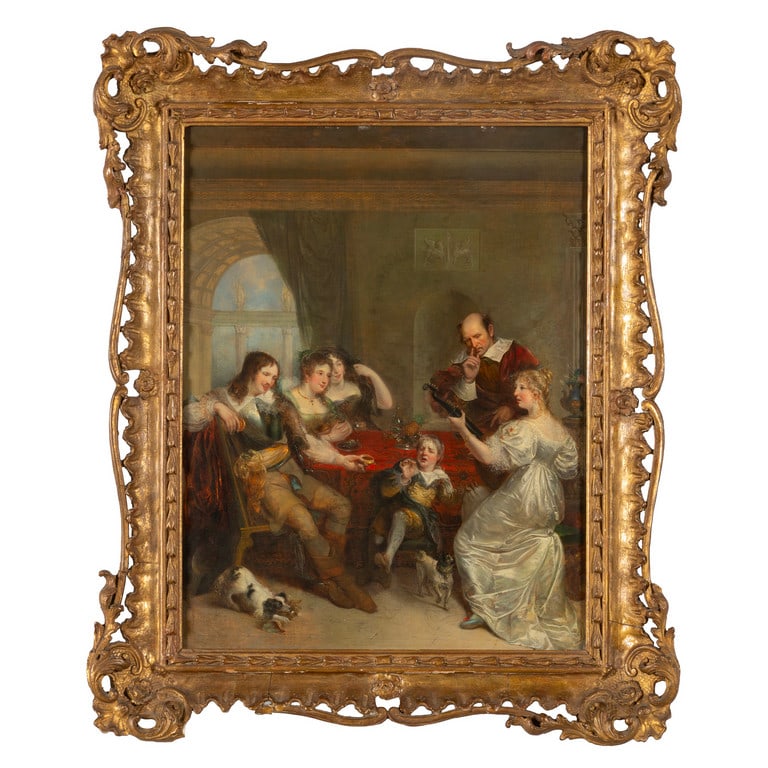 Scuola fiamminga sec.XVIII "Interno con famiglia": Scuola fiamminga sec.XVIII "Interno con famiglia" olio su tavola, cornice in legno intagliato e dorato cm. 45x58
