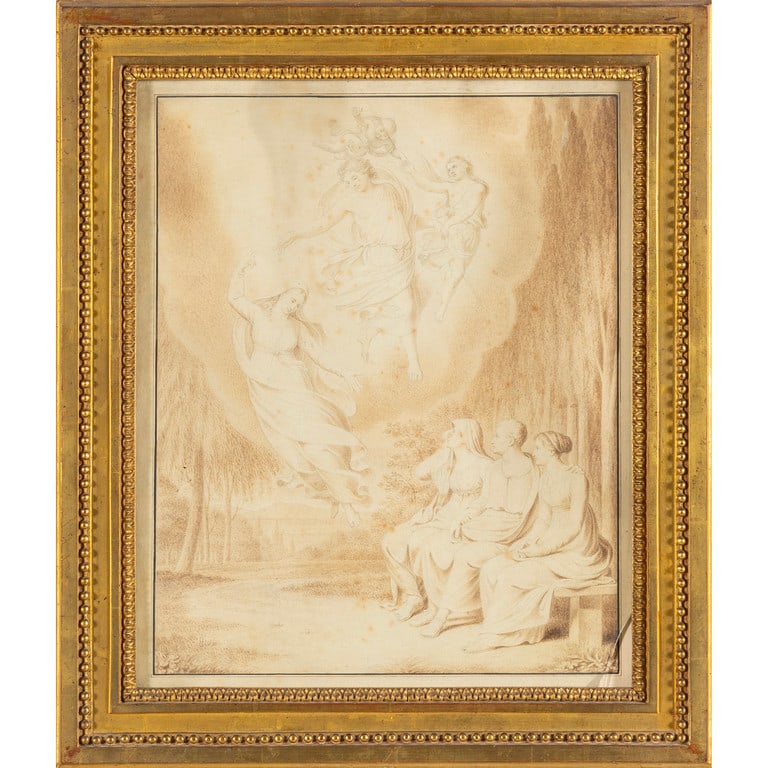 Due figure disegno a sanguigna, fine: ELEUTERIO PAGLIANO (1826-1903) "Ascensione della Vergine" disegno a matita e carboncino cm.30x38 bella cornice in legno intagliato e dorato