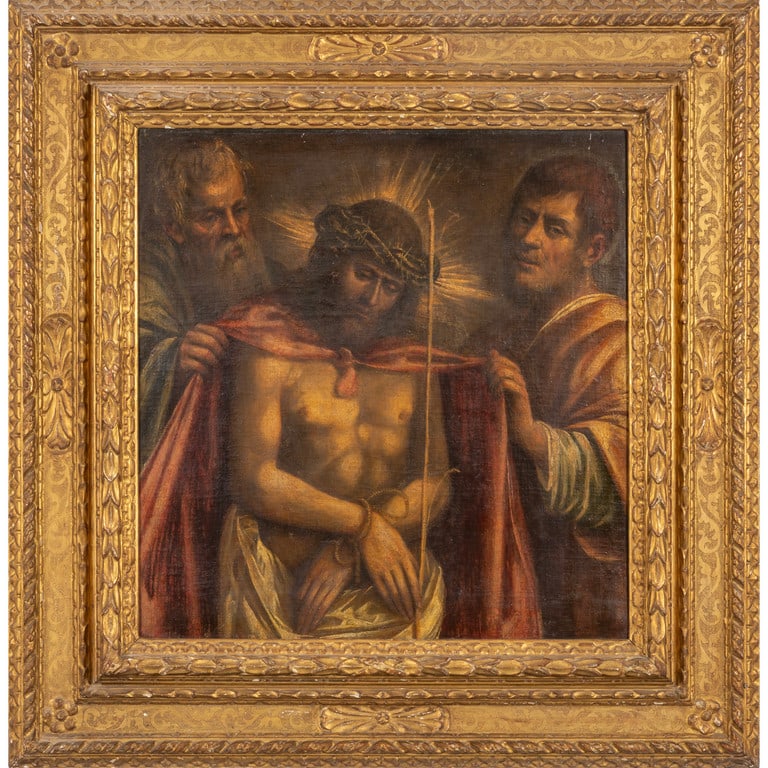 Scuola romagnola sec.XVI (Marco Palmezzano): Scuola veneta sec.XVI (Antonio Vassilacchi) "Cristo deriso" olio, cornice in legno dorato cm. 72x75