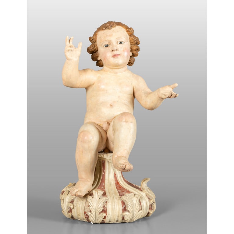 Madonna, scultura in legno policromo, Genova: Gesù Bambino, scultura in legno finemente intagliato e laccato, poggiante su base in marmo scolpito ed intarsiato, sec.XVIII h.cm.55