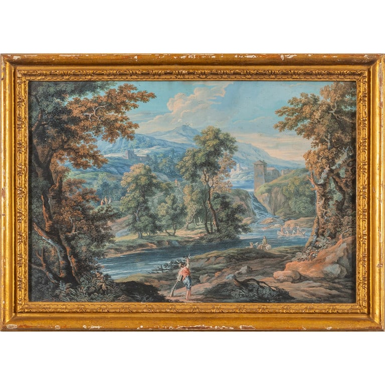 Scuola romana sec.XVII "Fiori" olio cm. 58x74: CIMAROLI GIOVANNI BATTISTA (1687-1771) "Il cacciatore" tempera su carta, cornice coeva in legno intagliato e dorato, nel retro etichetta mostra del barocco piemontese ed etichetta di antica collezione