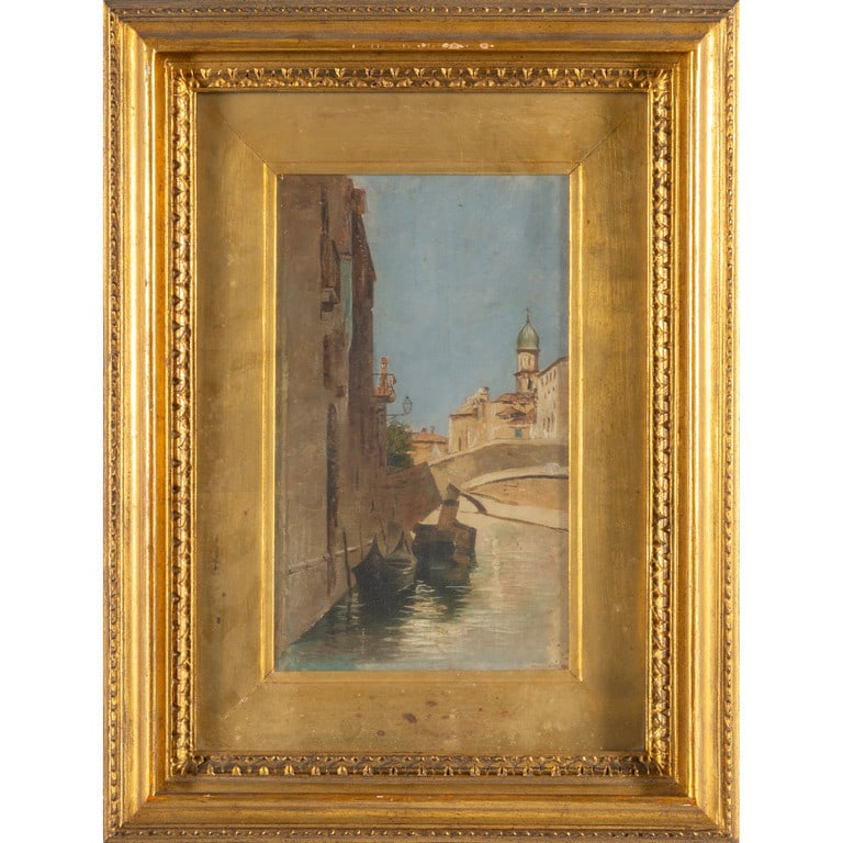 Scuola veneta sec.XIX Calle veneziana olio : Scuola veneta sec.XIX Calle veneziana olio su cartone cm. 16x28