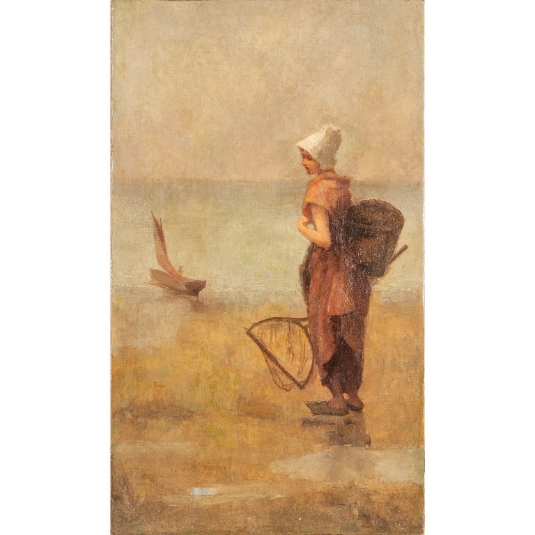 Scuola olandese fine sec.XIX La : Scuola olandese fine sec.XIX La pescatrice olio cm. 35,5x61