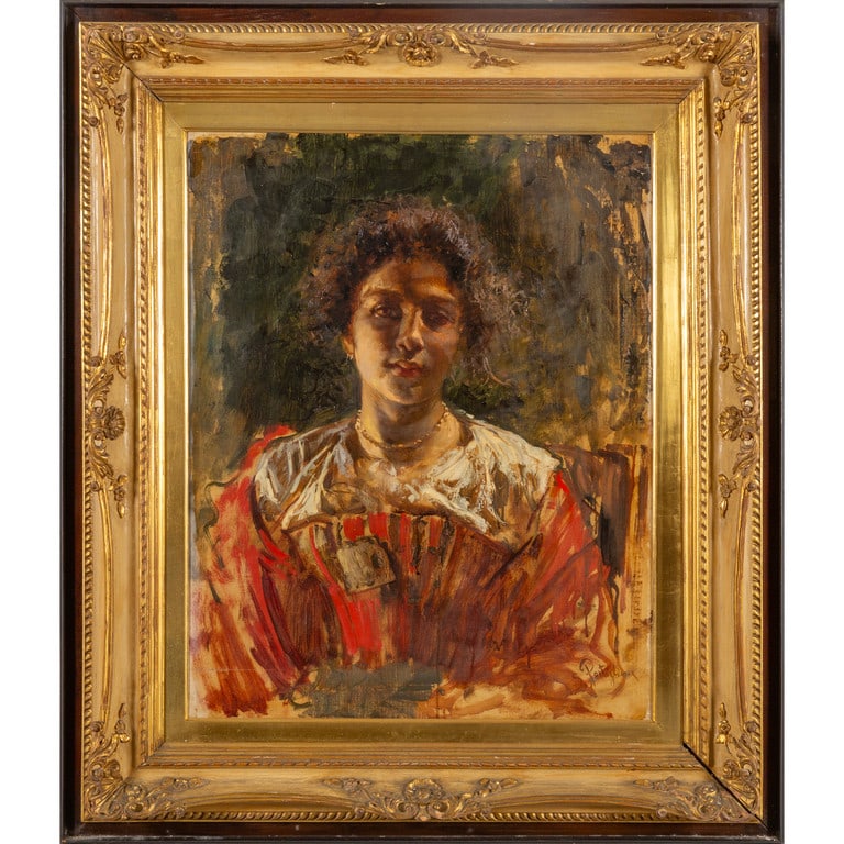 EDOARDO DALBONO (1841-1915) Scena orientale: SALVATORE POSTIGLIONE (1861-1906) Ritratto di ragazza con collana olio cm. 56x73 f.to in b.a d.