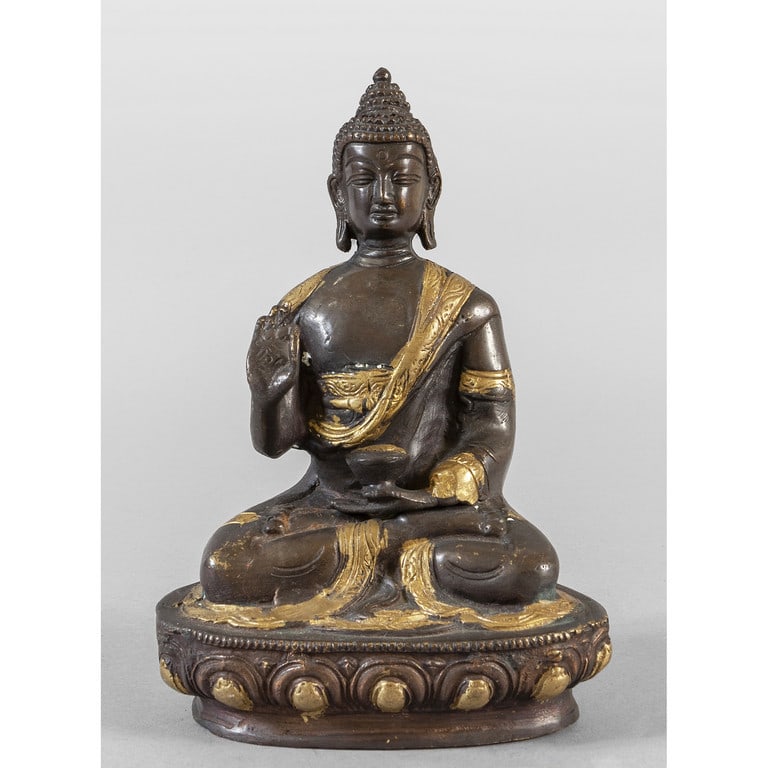 Buddha in bronzo con ciotola, lumeggiato in oro, (1 of 1)