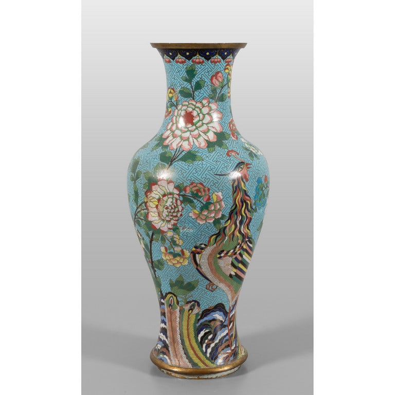 Vaso cloisonné decorato con peonie e uccelli, (1 of 2)