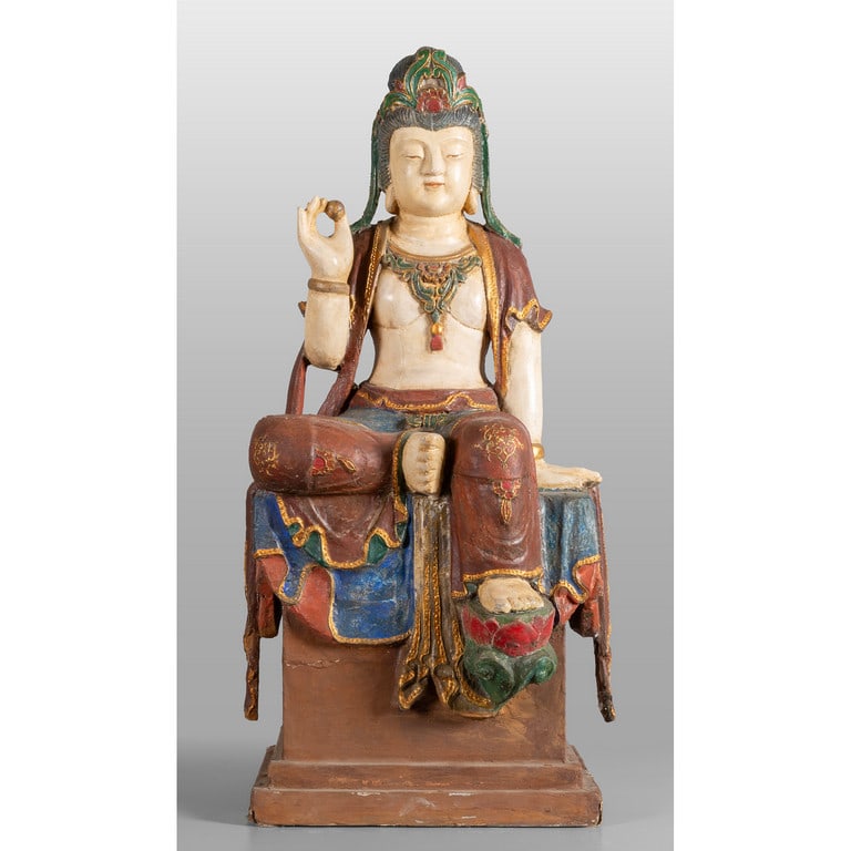 Buddha, scultura in legno intagliato e laccato,: Buddha, scultura in legno intagliato e laccato, Cina sec.XIX h.cm.98