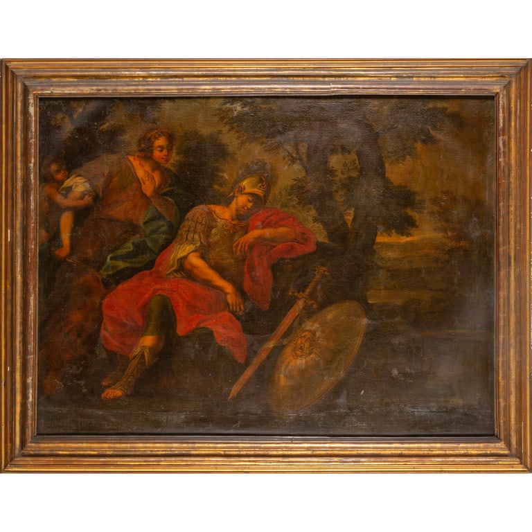 Scuola genovese II metà sec.XVII "Rinaldo: Scuola genovese II metà sec.XVII "Rinaldo addormentato sorpreso da Armida" olio cm. 174x131