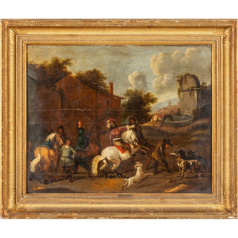 Scuola fiamminga, sec.XIX "Cavalieri alla fonte": Scuola fiamminga, sec.XIX "Cavalieri alla fonte" olio su tavola cm. 74x58