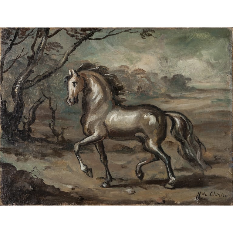GIORGIO DE CHIRICO (1888-1978) Cavallo nel: GIORGIO DE CHIRICO (1888-1978) Cavallo nel paesaggio 1941-42 olio su tela cm 21,5x28,5 firmato in basso a destra autentica su foto di Claudio Bruni Sakraischik Cavallo nel paesaggio 1941-42 oil on can