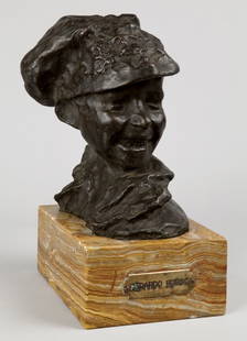 MEDARDO ROSSO (1858-1928) Il: MEDARDO ROSSO (1858-1928) Il biricchino bronzo a patina scura f.to, base in onice h.cm.32