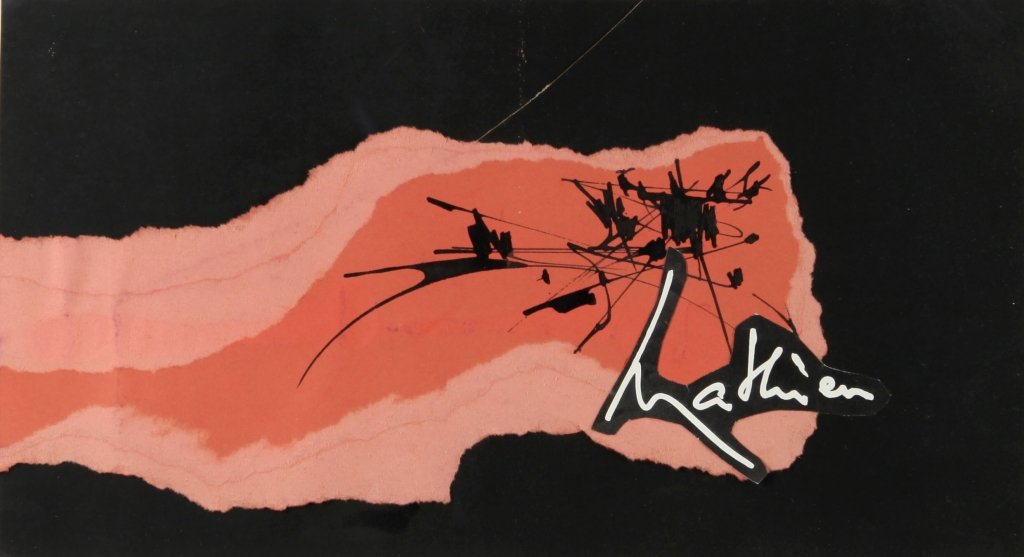 GEORGES MATHIEU (1921-2012) Senza: GEORGES MATHIEU (1921-2012) Senza titolo collage cm 22,5x41 firmato in basso a destra autentica della galerie Proteè, Parigi etichetta galleria d'arte del Naviglio, Milano Untitled collage inch 8,87x