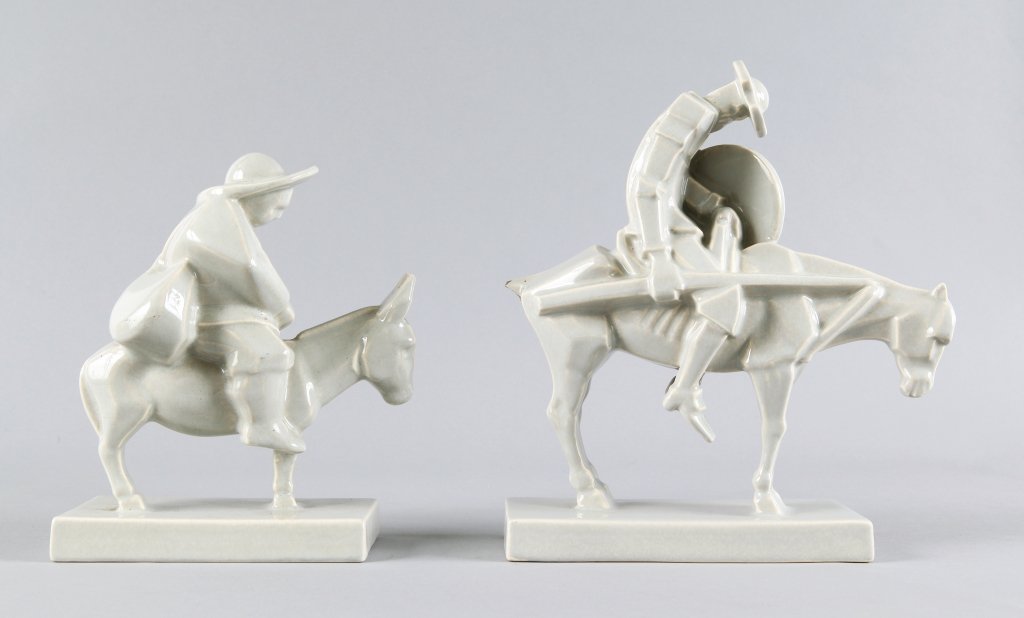 ROBJ "Don Qhichotte et Sancho Pança”, 1928. : ROBJ "Don Qhichotte et Sancho Pança”, 1928. Ceramica. Modello di TOULGOUAT. Marcati "Robj” e "422 Robj”. Altezza cm 23,5 e 18,5. Letteratura: Vanna Brega, Robj Paris Le ceramiche 1921-1931, Leo