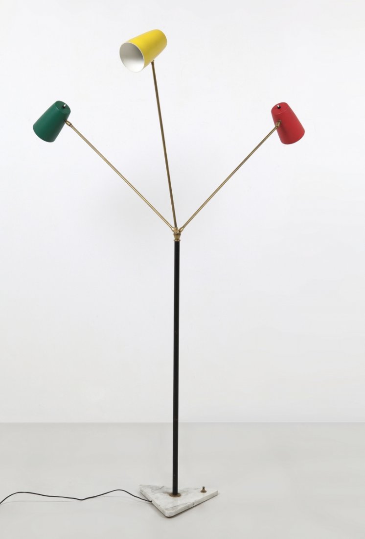 STILNOVO Una lampada da terra, anni ¿50. : STILNOVO Una lampada da terra, anni ¿50. Marmo, ferro verniciato, ottone, alluminio laccato. Altezza cm 185. A floor lamp, 1950¿s. Marble, varnished steel, brass, and lacquered aluminum. Height 72.8