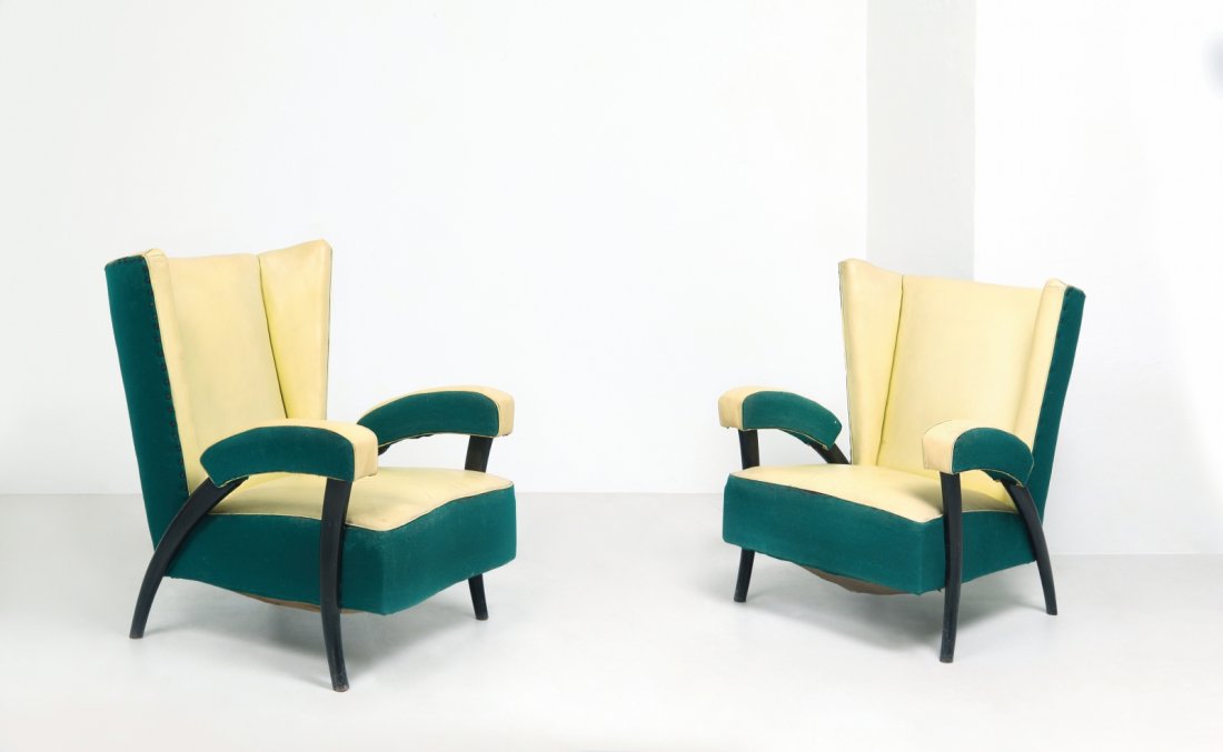 DUE POLTRONE, anni ¿50. Struttura in legno, : DUE POLTRONE, anni ¿50. Struttura in legno, imbottitura rivestita in panno e skai. Altezza cm 84, larghezza 70, profondità 75. TWO ARMCHAIRS, 1950¿s. Wood structure with vinyl and matrial upholster